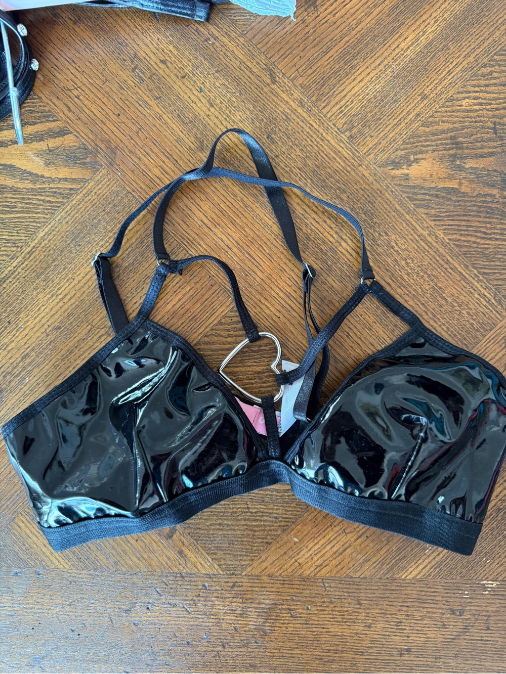 Black Patent Heart-Ring Bralette sz S